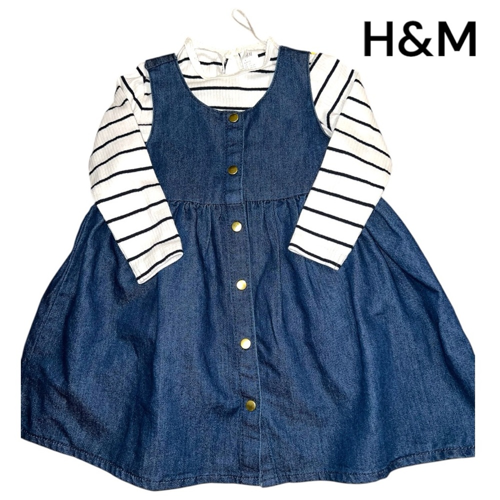 H&M Navy Denim toddler Dress with Striped Sleeves